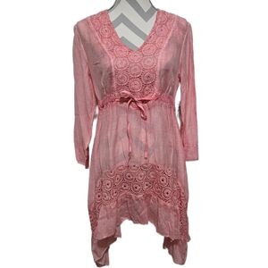 ​Mode de Paris by Saga Pink Boho Crochet Lace Handkerchief Hem Tunic Dress Large
